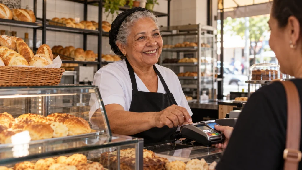 Trabalhadora mais velha atende cliente em uma padaria.