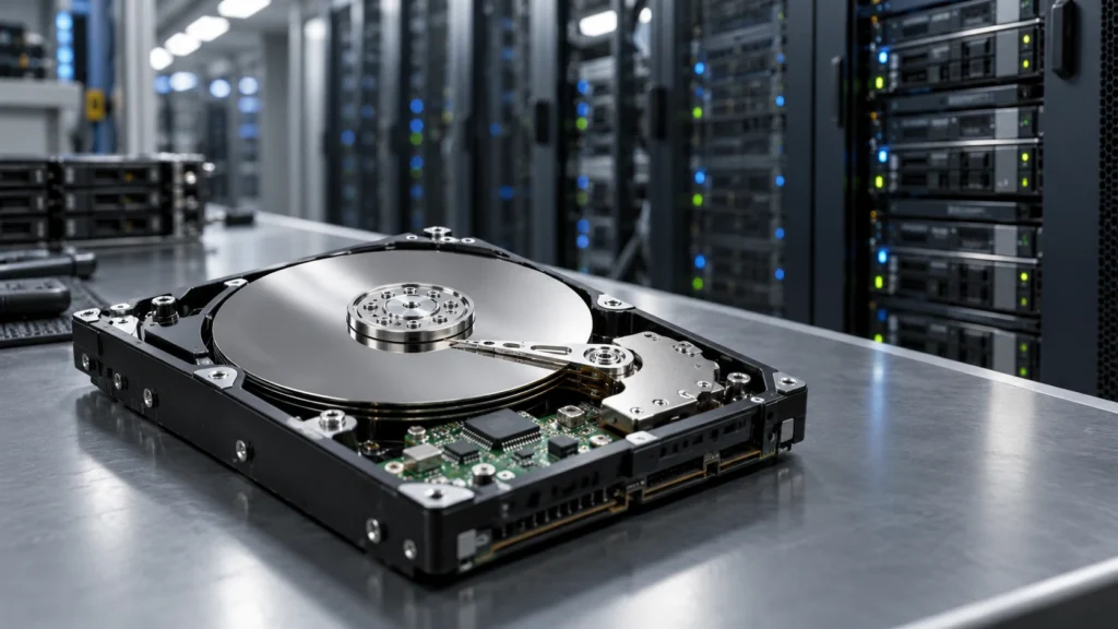 Disco rígido corporativo diante de racks de armazenamento em um data center.