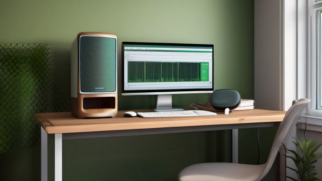 Computador de mesa com caixas de som em um ambiente doméstico.